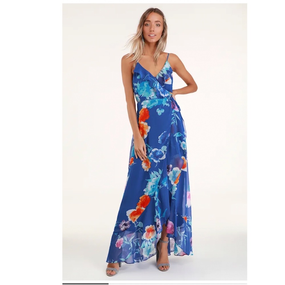 Lulus Ladean Royal Blue Floral Print Ruffled Wrap Maxi Dress Size XS New!